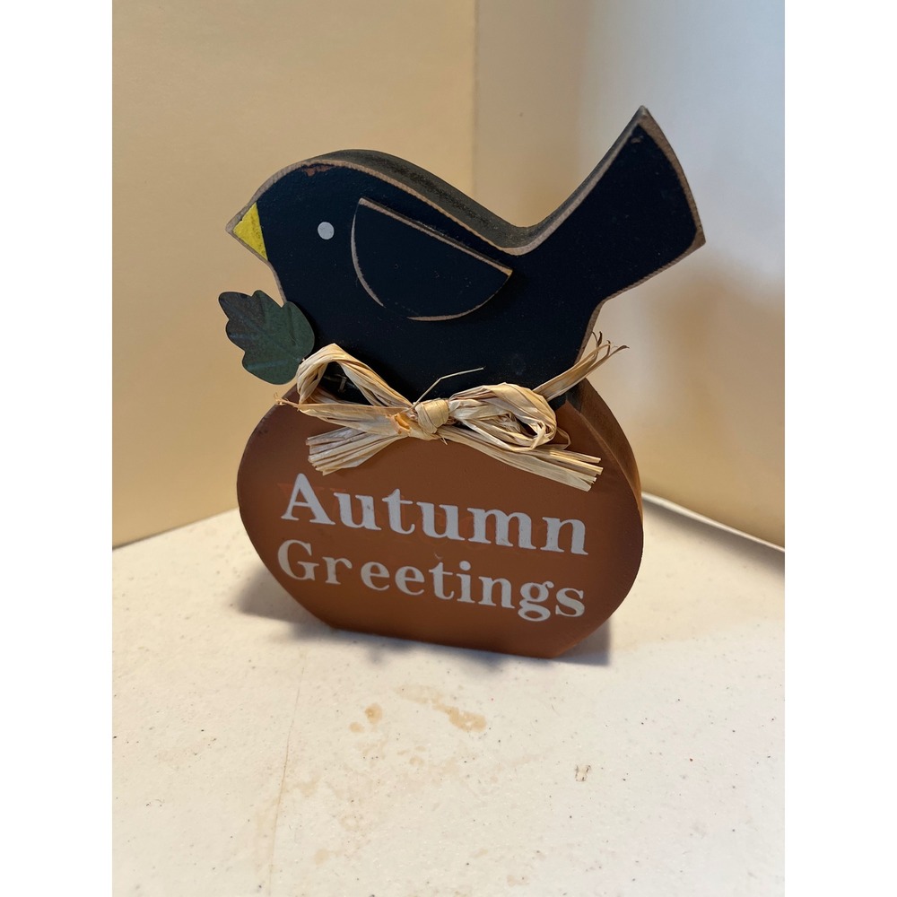 Autumn Greetings Wooden Bird Pumpkin Shelf Sitter Fall Decor Rustic Farmhouse